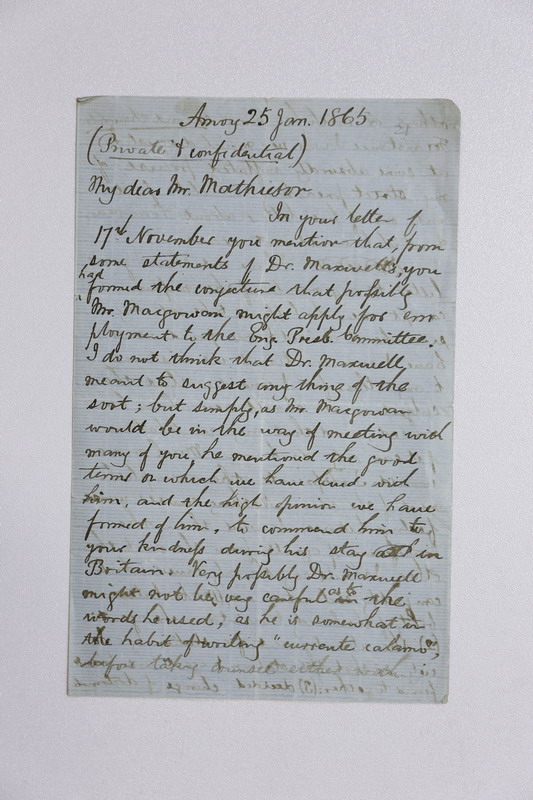 Letter of Carstairs Douglas-杜嘉德信函，對於馬雅各醫生申請來台的看法-1865-01